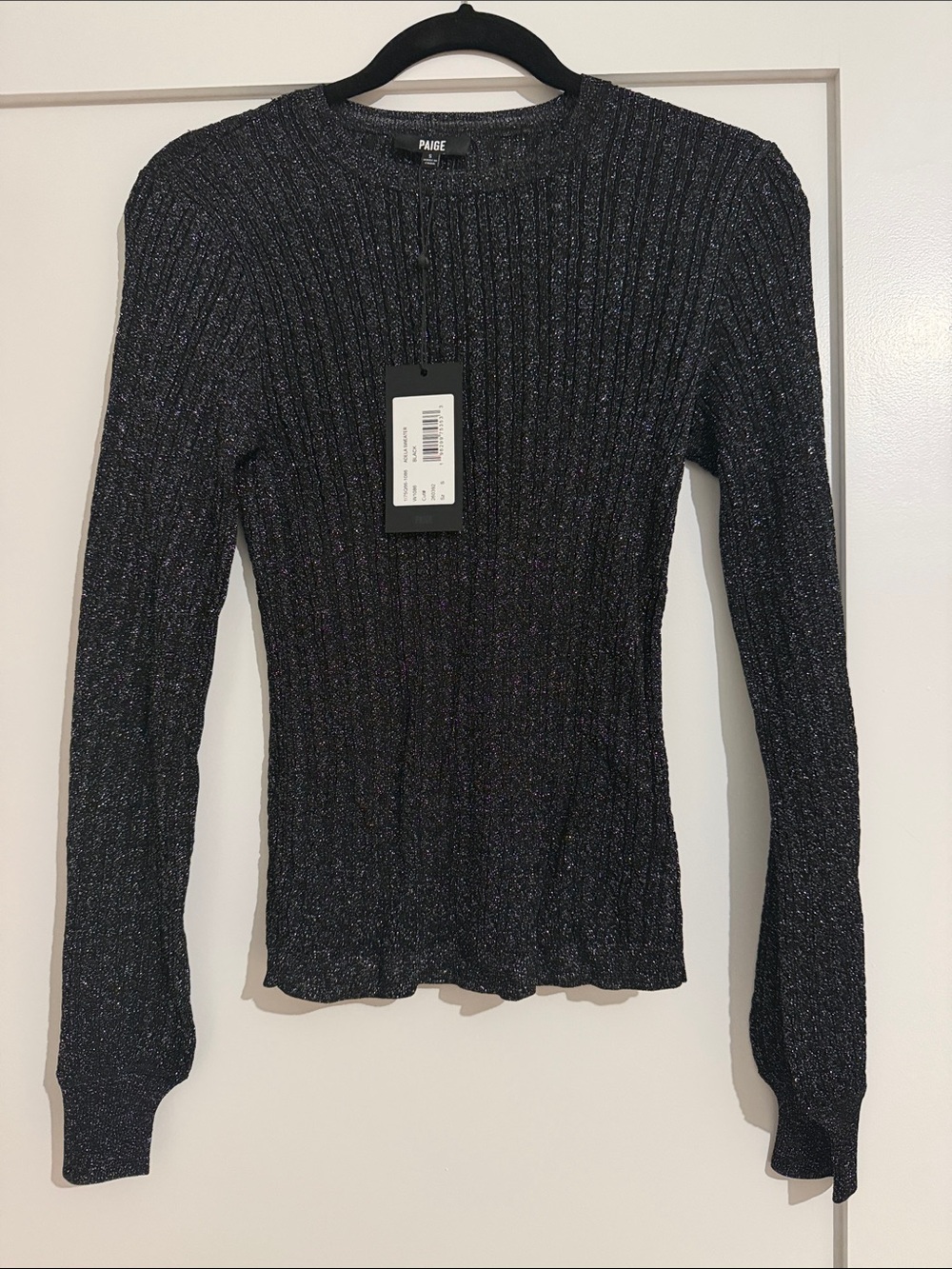 NWT - PAIGE Black Metallic Ribbed Crewneck Top with Balloon Sleeve